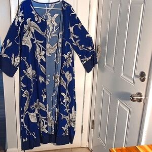 Blue  & White Floral Print Duster With Matching Pants, New 2X